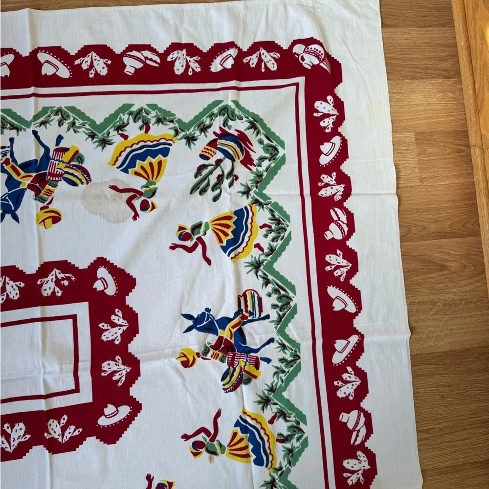 Vintage Folk Art Tablecloth with Red‎ Border